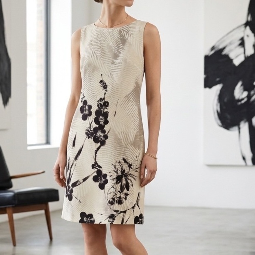 Max Mara 100% Silk Floral Shift Dress Cream Taupe Made in Italy Size 6 Small
